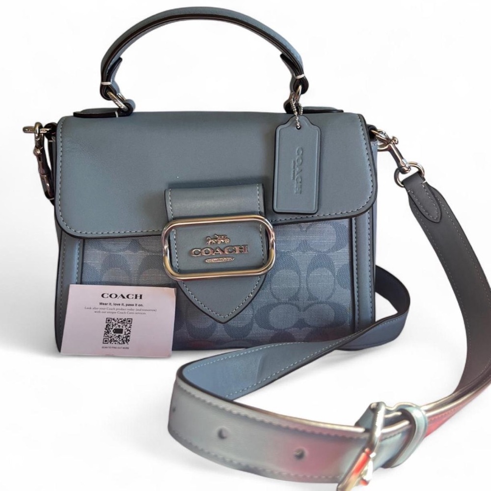 Coach Blue Signature Leather Top-Handle Satchel with Crossbody Strap